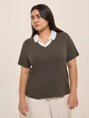 Buy Gia Olive Ribbed Textured T-Shirt from Westside