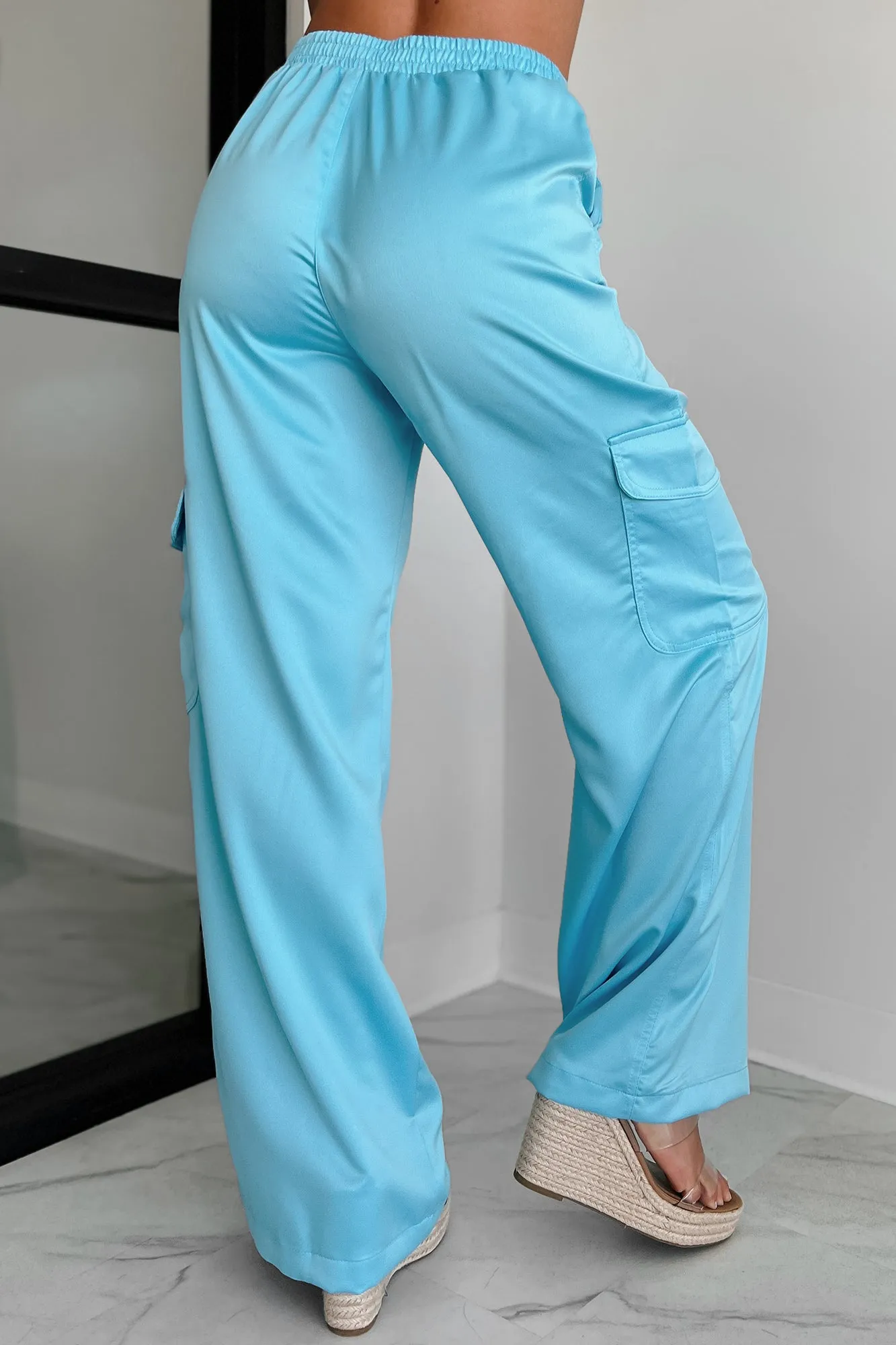Clearing The Air Wide Leg Satin Cargo Pants (Light Aqua)