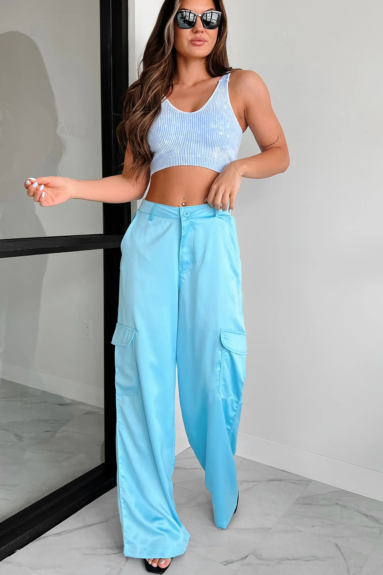 Clearing The Air Wide Leg Satin Cargo Pants (Light Aqua)